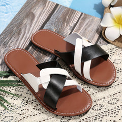 Women's Cross Strap Flat Slides Colorblock Open Toe Sandals