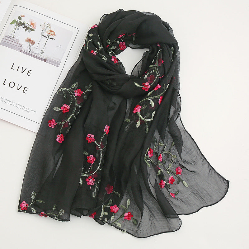 Chiffon Flower Embroidered Scarf Retro Beach Sunscreen Shawl