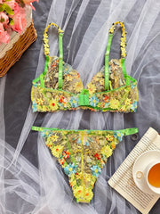 Floral Embroidery Lingerie Set Mesh Unlined Bra & Sheer Panties