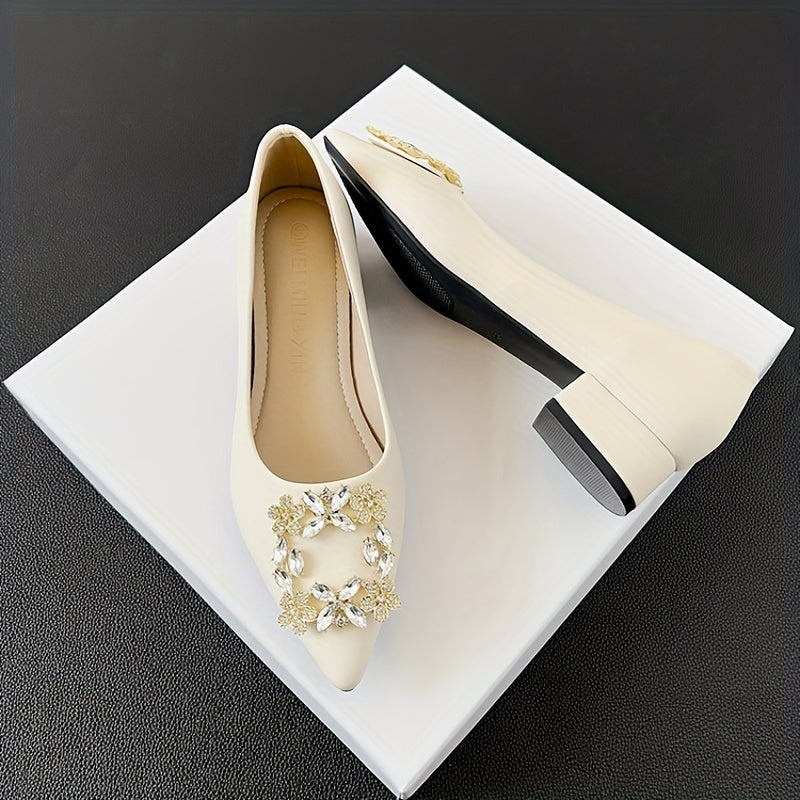 Rhinestone Decor Point Toe Slip On Low Heel Shoes
