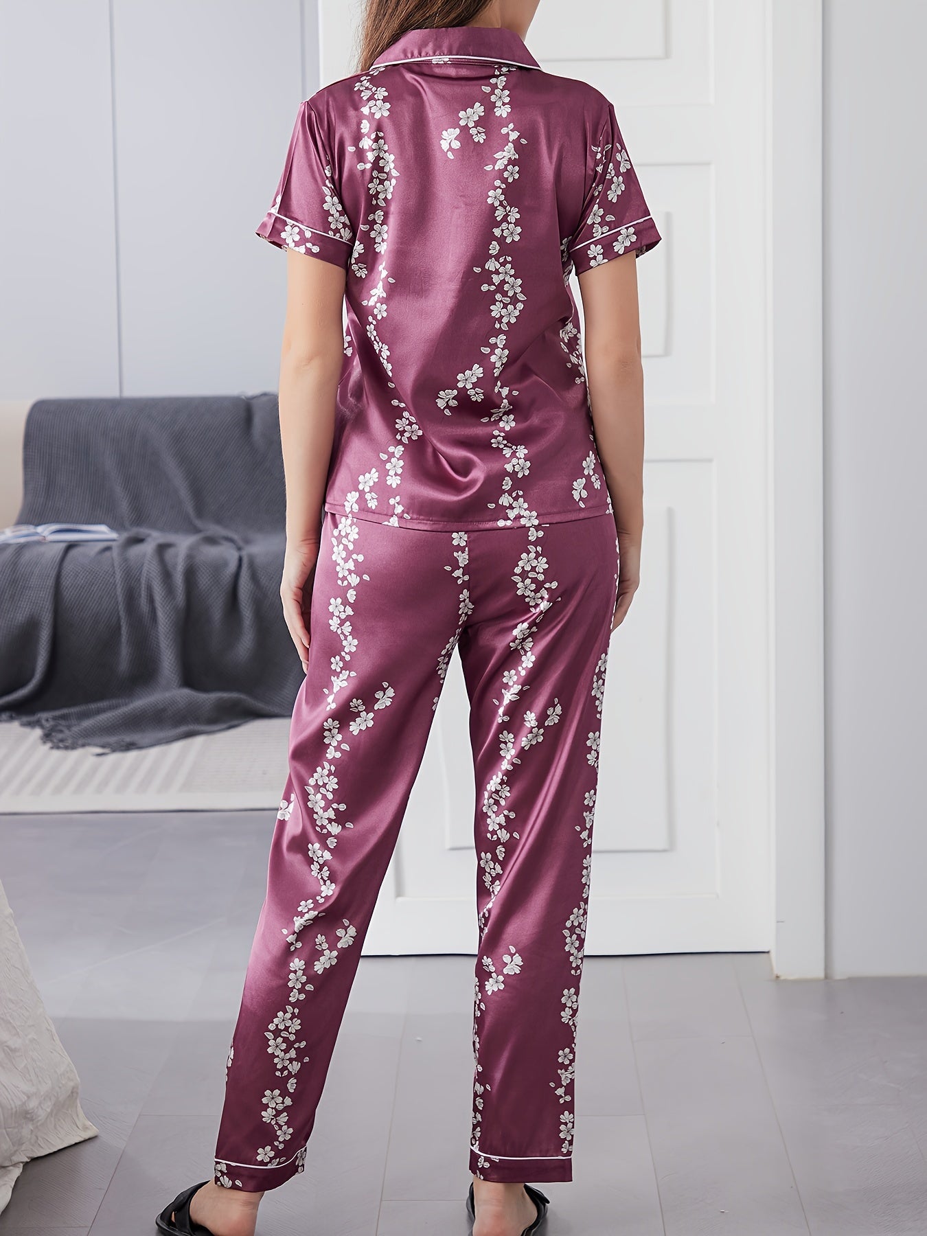 Floral Pajama Set Short Sleeve Top & Elastic Waist Pants