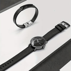 Men's Round Dial Quartz Watch & Letter Detail Bracelet Set