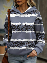 Leopard & Striped Kangaroo Pocket Hoodie Women's Sweatshirt