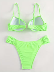 Green Ruched Bikini Sets V Neck Backless High Cut Beachwear 2 Pieces Swimsuit