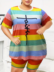 Women's Plus Stripe Letter Print Tee & Shorts Two Piece Set