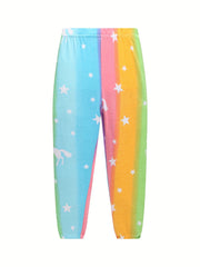 Girls 2pcs Pajamas Set Colorful Star Unicorn Print Round Neck Loungewear
