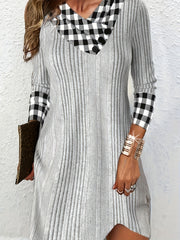 Colorblock Plaid Ribbed Long Sleeve Dress