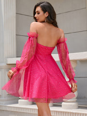 Off Shoulder Flounce Sleeve Mesh Dress