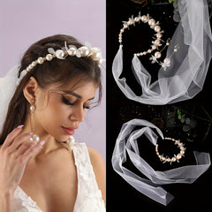 Vintage Bridal Pearl Flower Headband with Veil