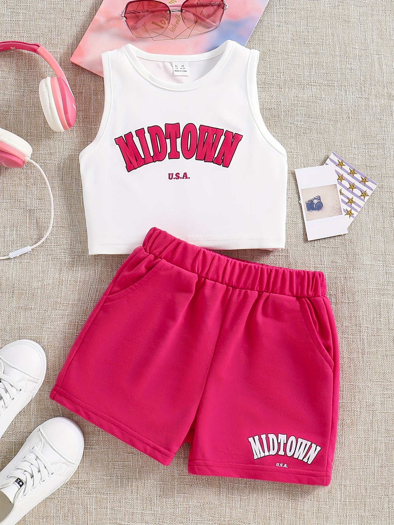 Girls Letter Graphic Tank Top & Track Shorts Set