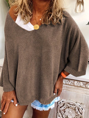 Casual Sweater Women's Plus Solid Batwing Sleeve V Neck Loose Sweater
