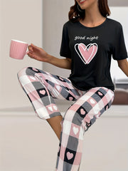 Heart & Letter Graphic Tee & Plaid Print Pants Pajama Set