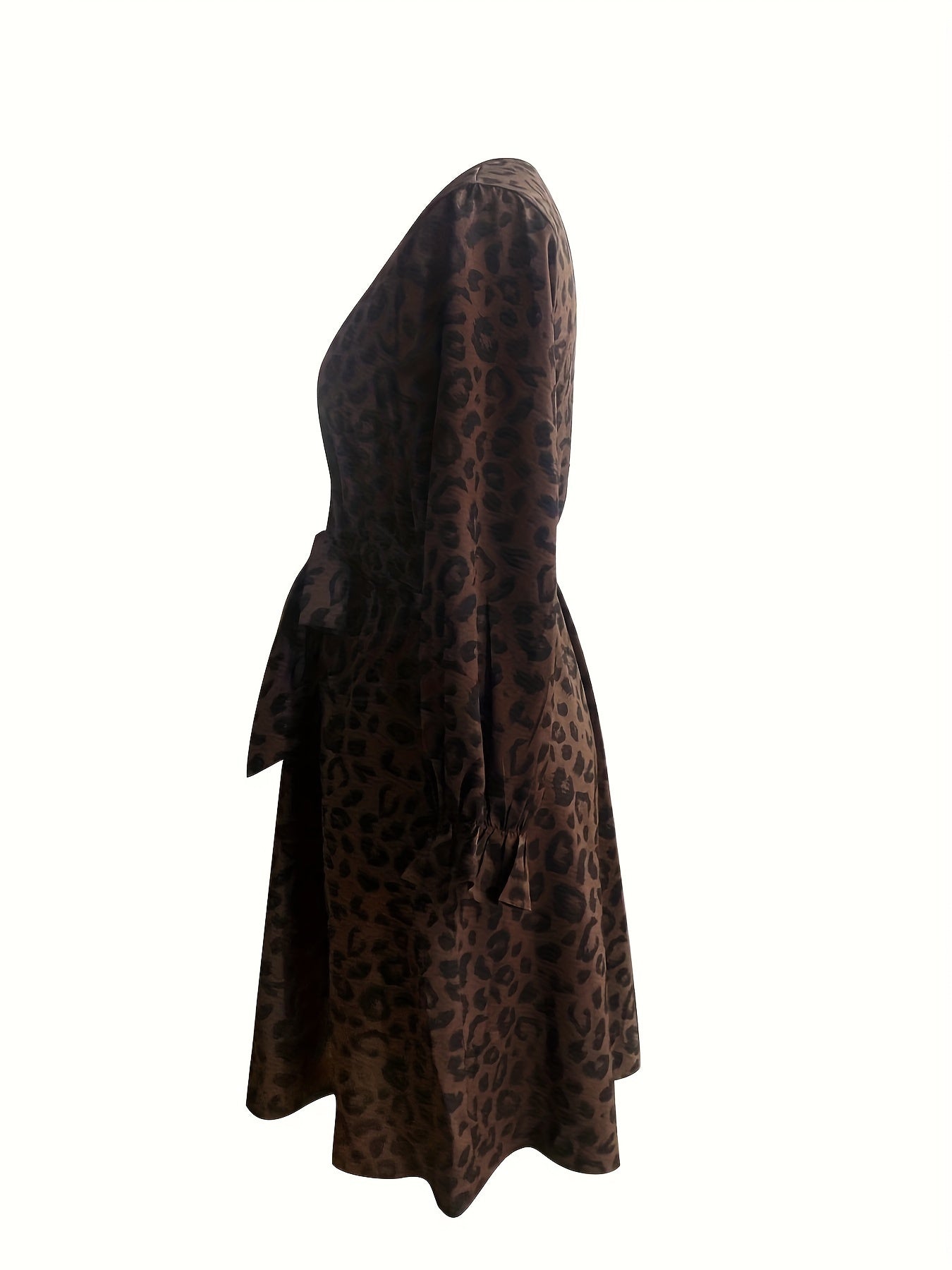 Leopard Print Lantern Sleeve Surplice Neck Dress With Belt