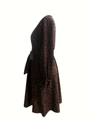 Leopard Print Lantern Sleeve Surplice Neck Dress With Belt