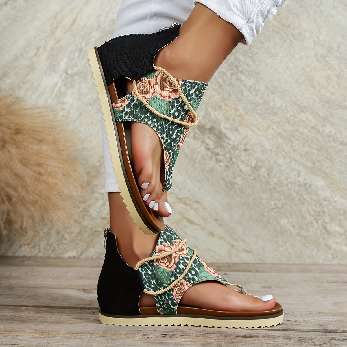Rose & Leopard Print Thong Sandals Roman Style Beach Sandals