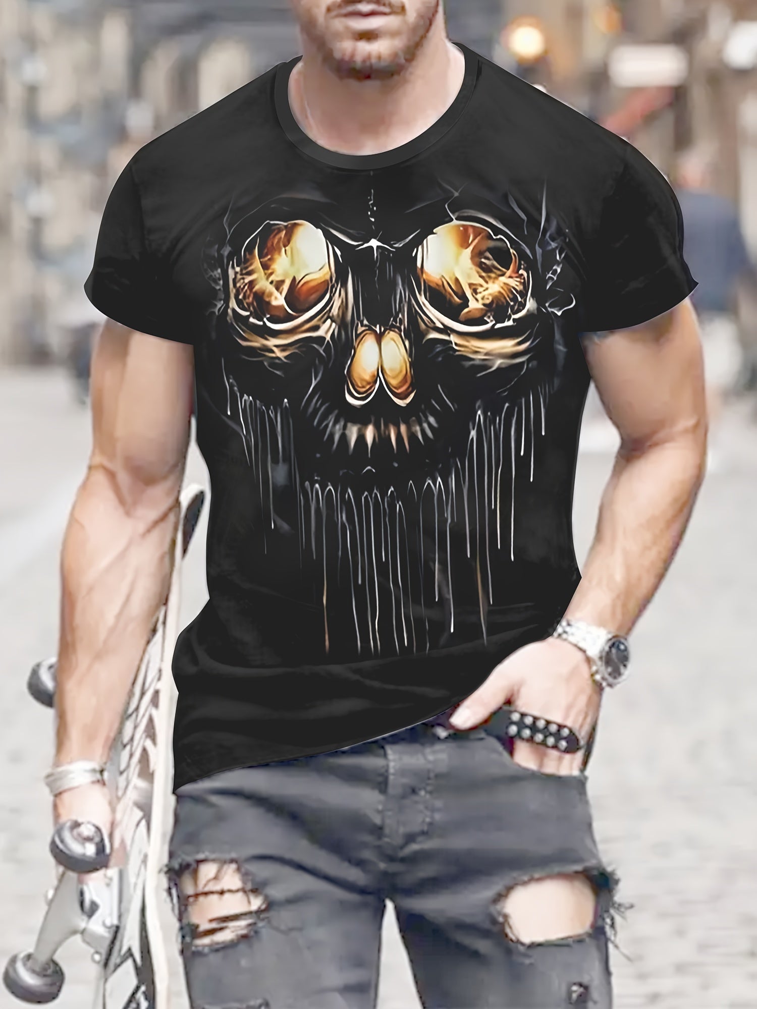 Skull 3d Pattern Print Men's Short Sleeve Comfy T-shirt Graphic Tee