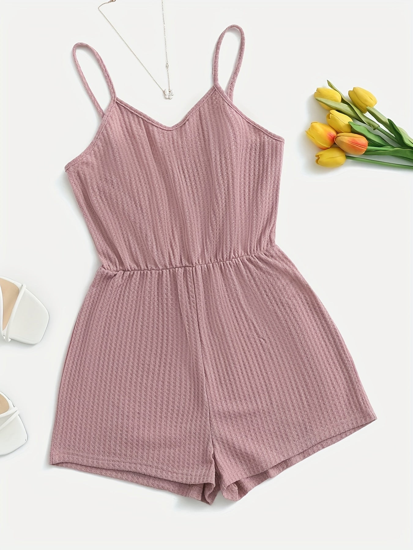 Waffle Knit Cami Romper Sleeveless Jumpsuit Women's Clothing
