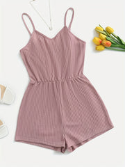 Waffle Knit Cami Romper Sleeveless Jumpsuit Women's Clothing