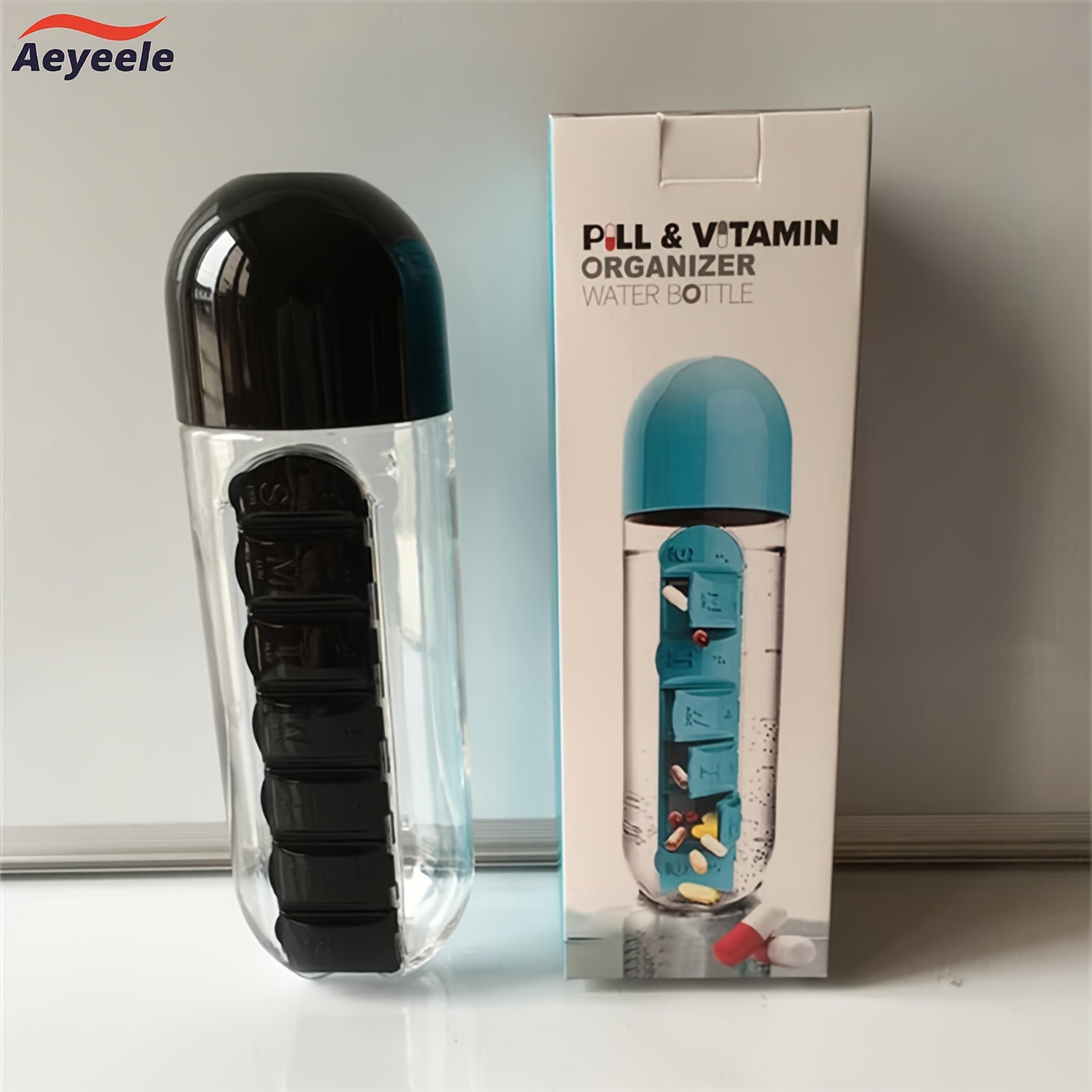 Aeyeele 600ml Water Bottle with Pill Box