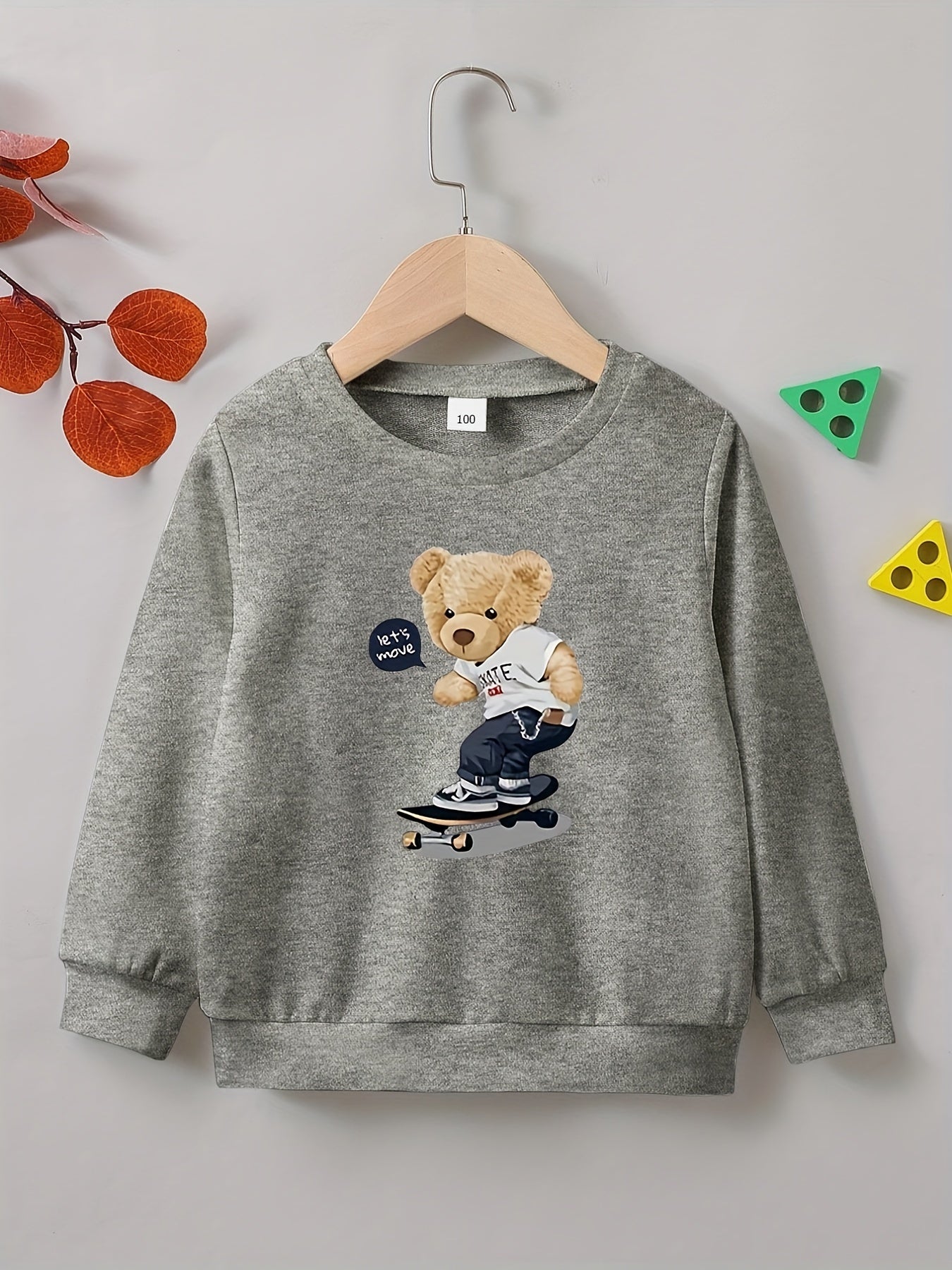Street Style Bear Skating Print Boys Casual Pullover Sweatshirt