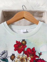 Floral & Skull Print Kid's Pullover Long Sleeve Top for Fall