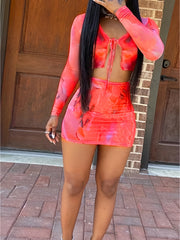 Sexy Tie Dye Two piece Skirt Set Lace Up Crop Top & Bodycon Skirt