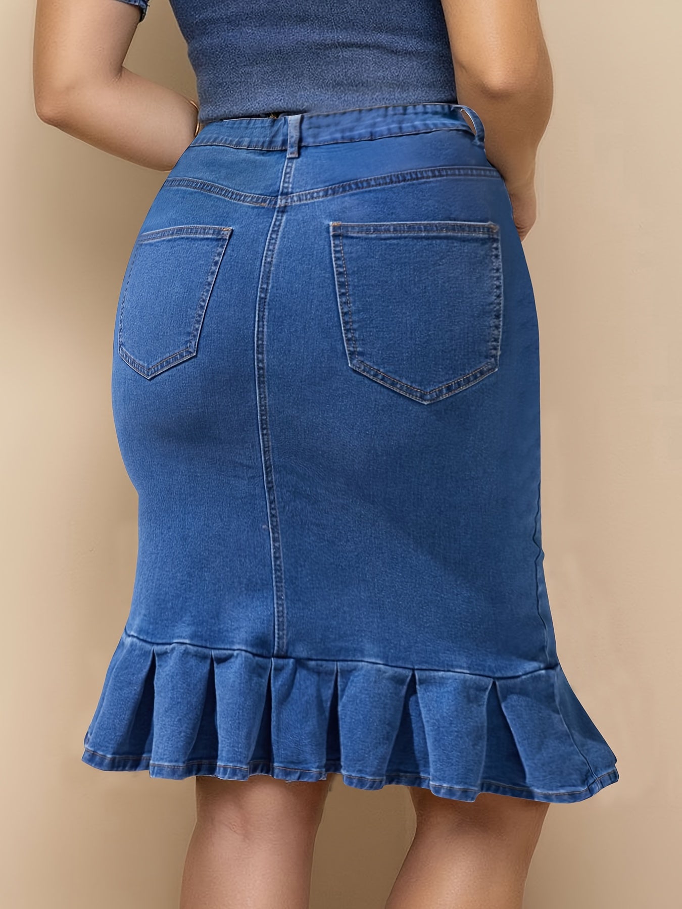 Women's Plus Solid Button Fly High Rise Ruffle Trim Denim Skirt