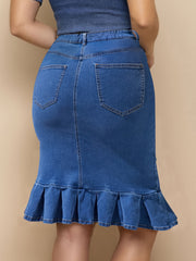 Women's Plus Solid Button Fly High Rise Ruffle Trim Denim Skirt