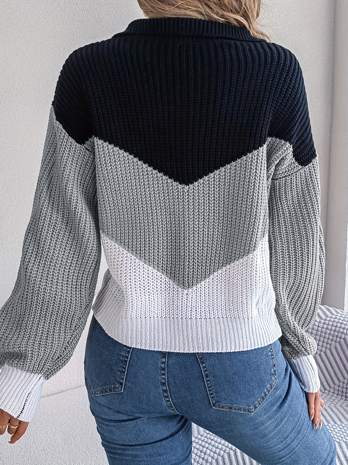 Block Polo Collar Sweater Drop Shoulder Knitted Top