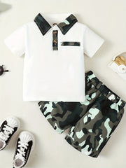 2pcs Baby Boys Casual Polo Shirt & Camouflage Pants Set