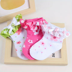 3 Pairs Baby Girls Ruffle Lace Flower Short Crew Socks Sweet Bow Dress Socks