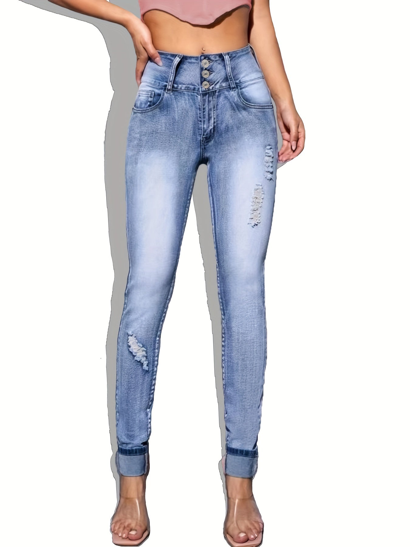 High Rise Ripped Denim Pants Butt Lifting Skinny Jeans