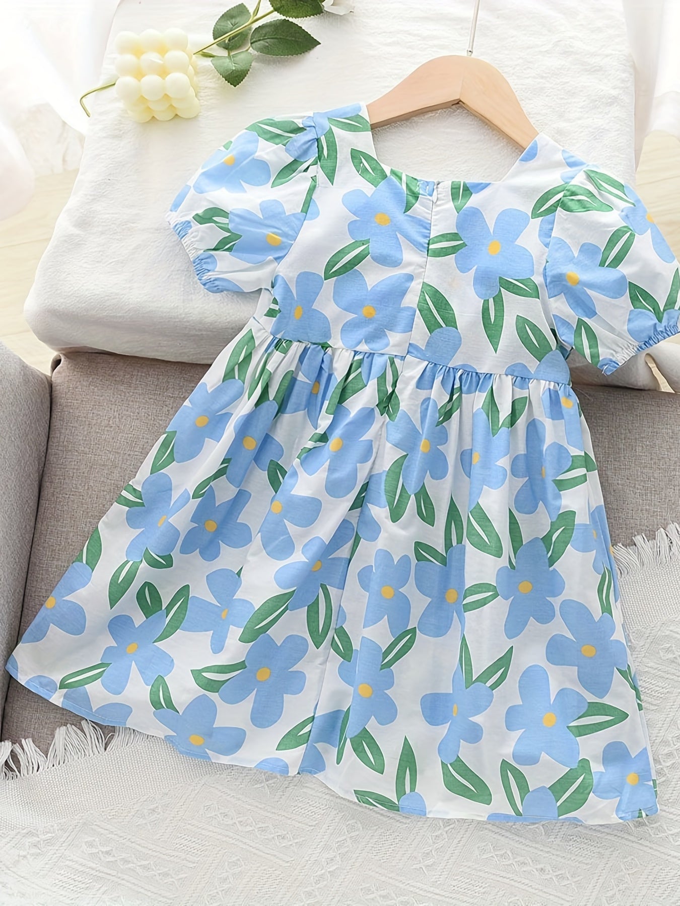 Girls' Cotton Floral Short Sleeve Casual Dress for Party Holiday