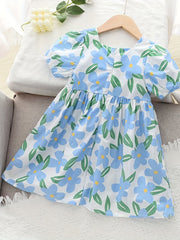Girls' Cotton Floral Short Sleeve Casual Dress for Party Holiday