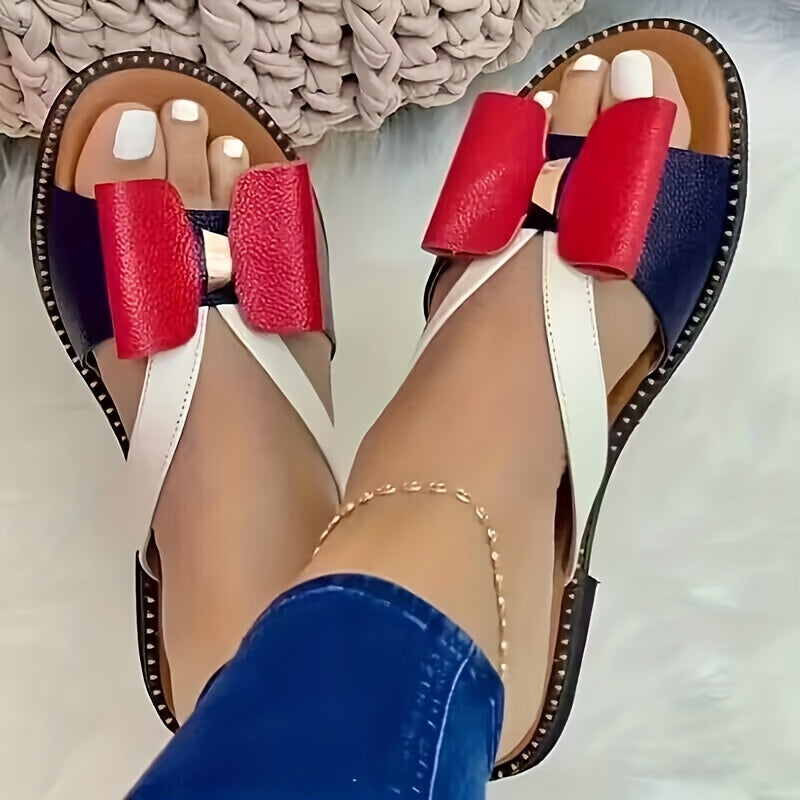 Women's Colorblock Bowknot Flat Slippers Open Toe Non-slip Slides