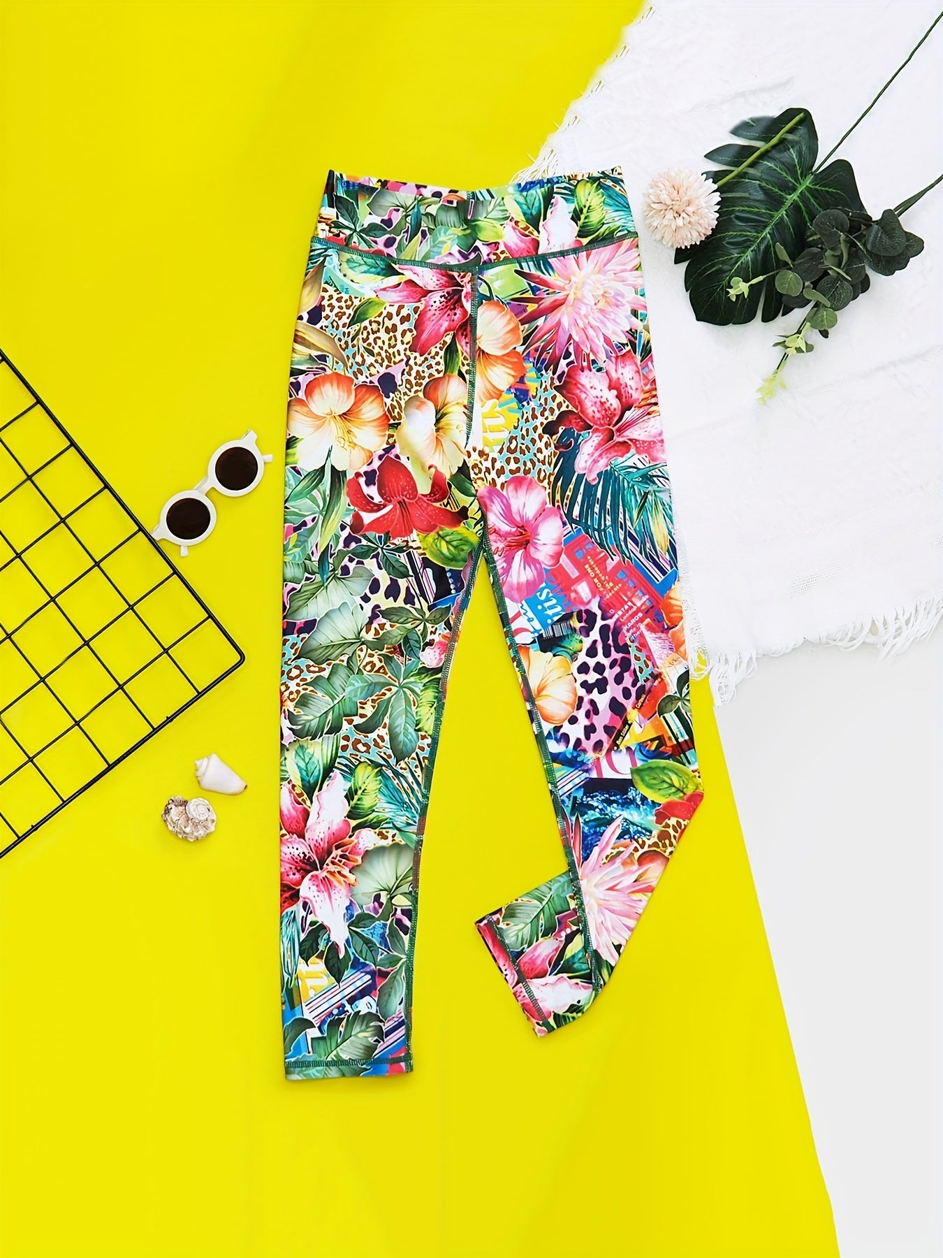 Toddler Girls Tropical Flowers Leopard Leggings Elastic High Waist