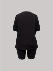 Teddy Bear Print 2pc Set T Shirt & Biker Shorts Casual Outfit for Women