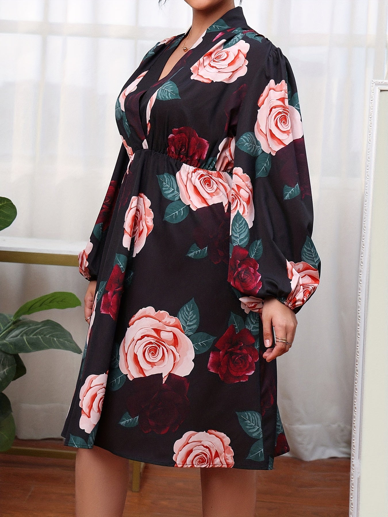 Casual Dress Women's Plus Floral Print Lantern Sleeve V Neck Dress