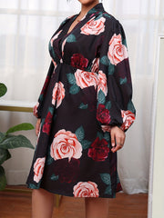 Casual Dress Women's Plus Floral Print Lantern Sleeve V Neck Dress
