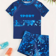 Boy's Sport Print Swimsuit Set - T Shirt & Shorts - Beach Vacation
