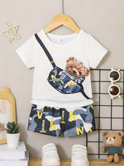 Baby Boy's Bear Print T Shirt & Plaid Shorts Set