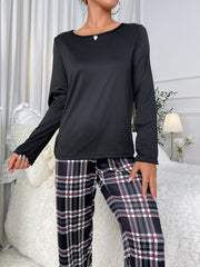 Plaid Print Pajama Set Long Sleeve Crew Neck Top & Elastic Waistband Pants