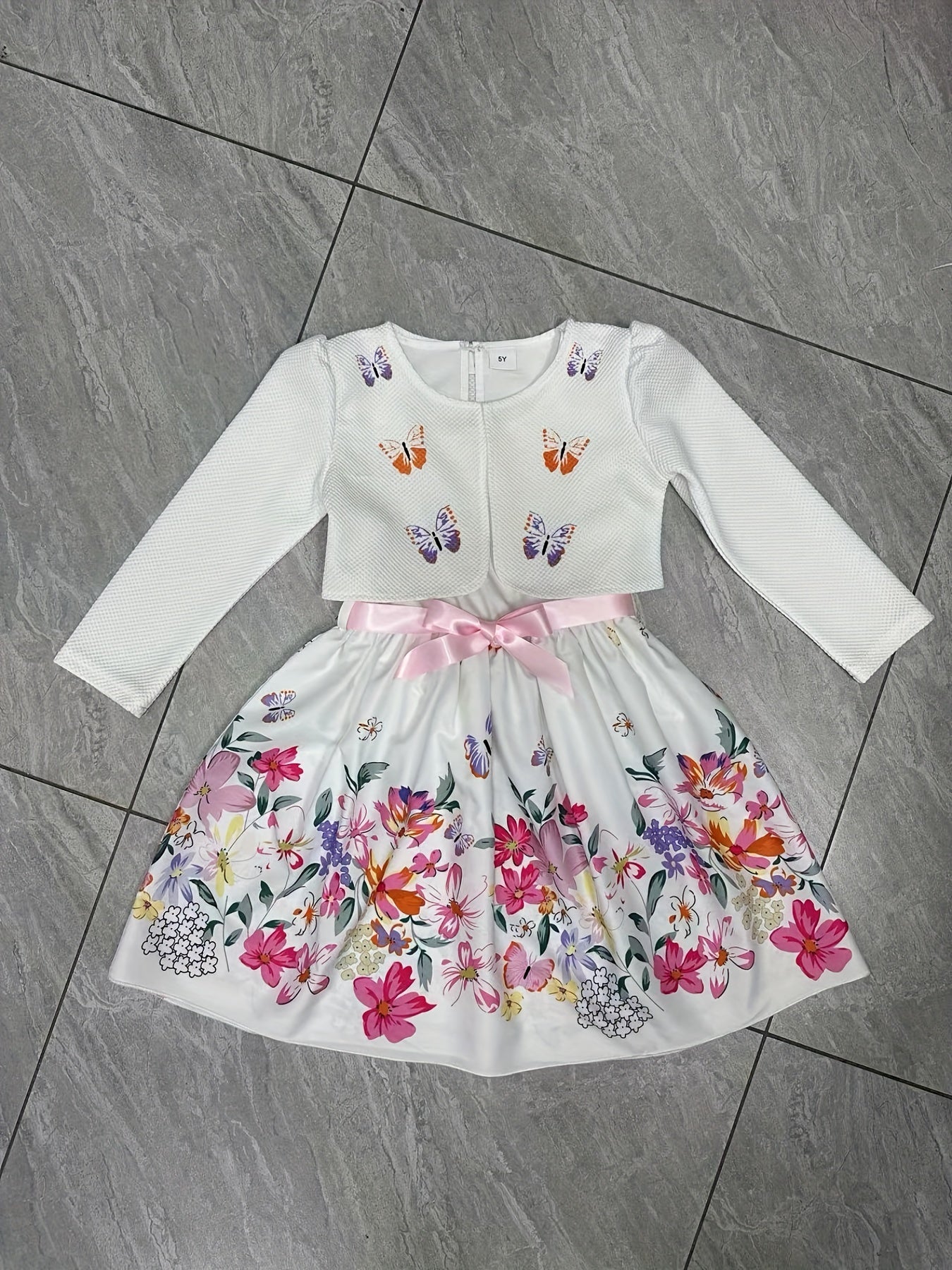 2pcs Dino Tank Dress & Cardigan Set for Girls - Floral Dinosaur Print Outfit