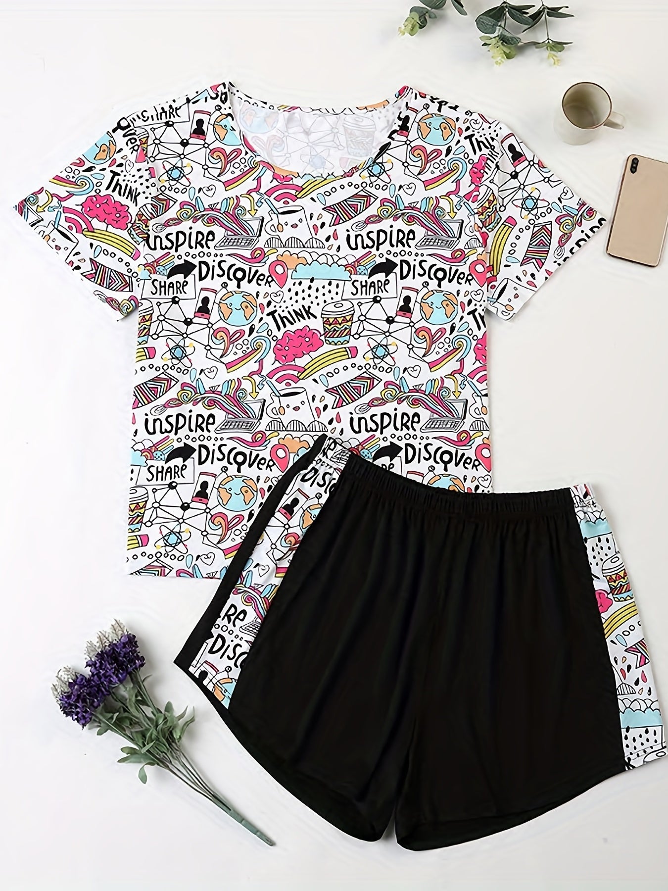 Cartoon Graphic Short Sleeve Top & Shorts Pajamas Set