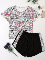 Cartoon Graphic Short Sleeve Top & Shorts Pajamas Set