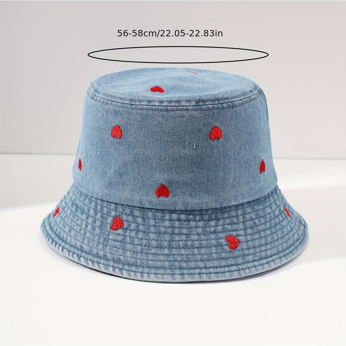 Heart Embroidered Bucket Hat Washed Distressed Denim Fisherman Cap