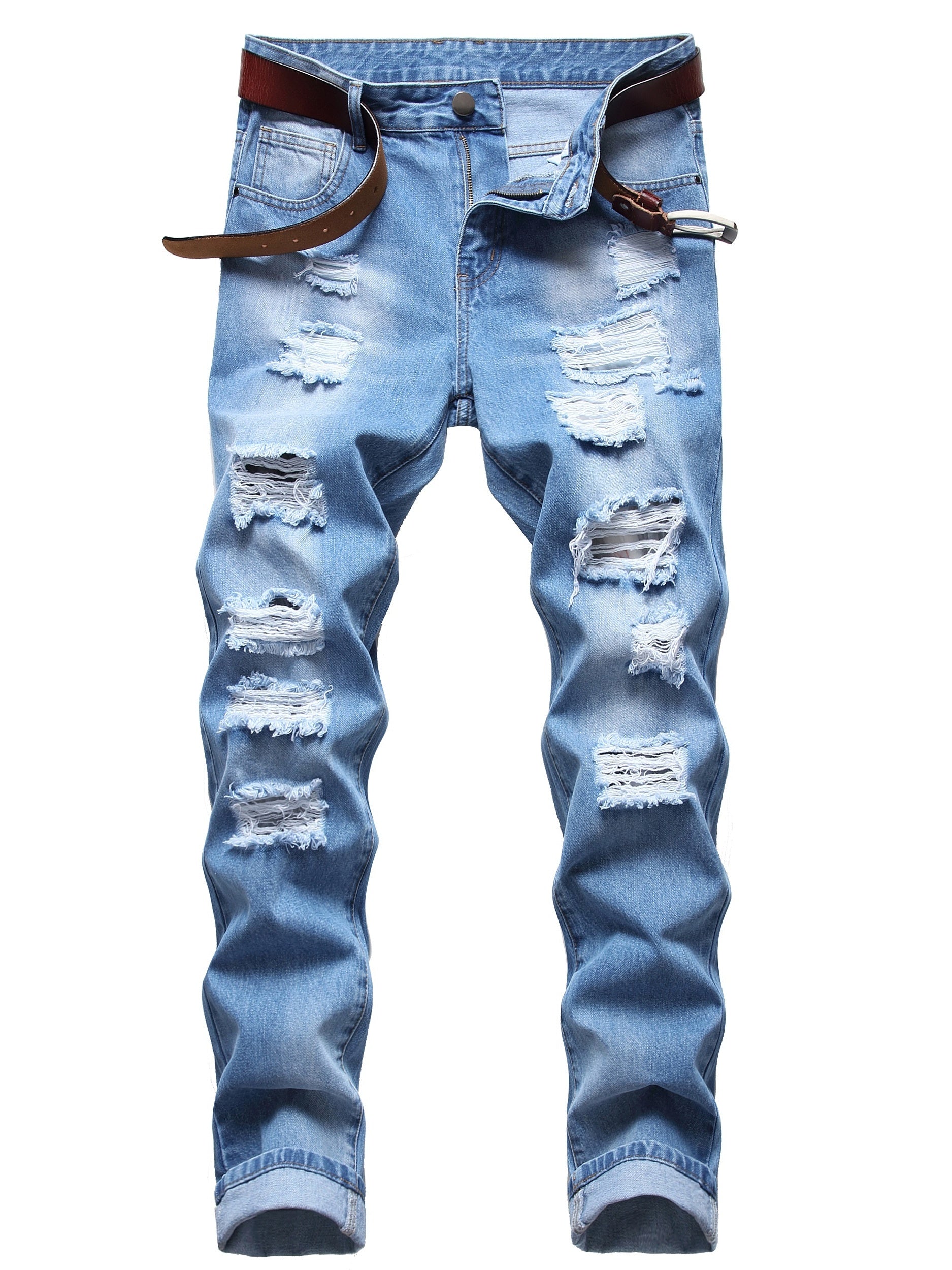 Men's Ripped Slim Fit Jeans Straight Leg Wash Denim Pants