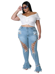 Criss Cross Ripped Flared Jeans High Rise Sexy Jeans