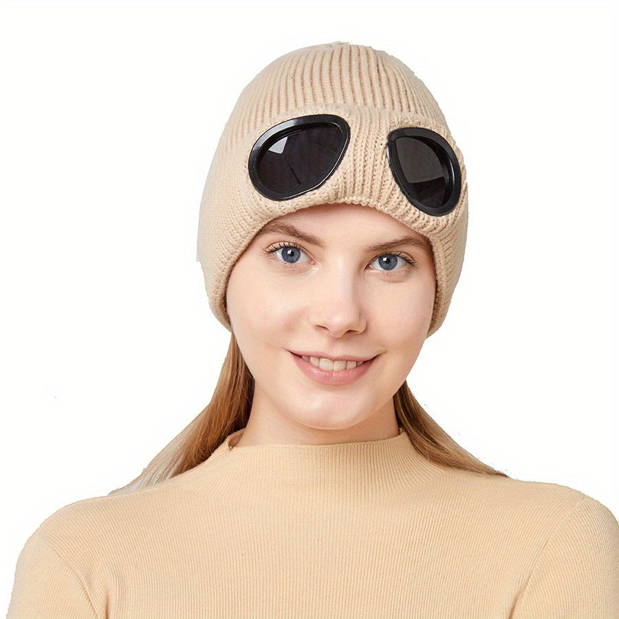 Unisex Knitted Glasses Hats Ear Protection Velvet Windproof Ski Hat