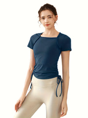 Drawstring Tie Side Yoga Top Short Sleejsonves Slim Fit